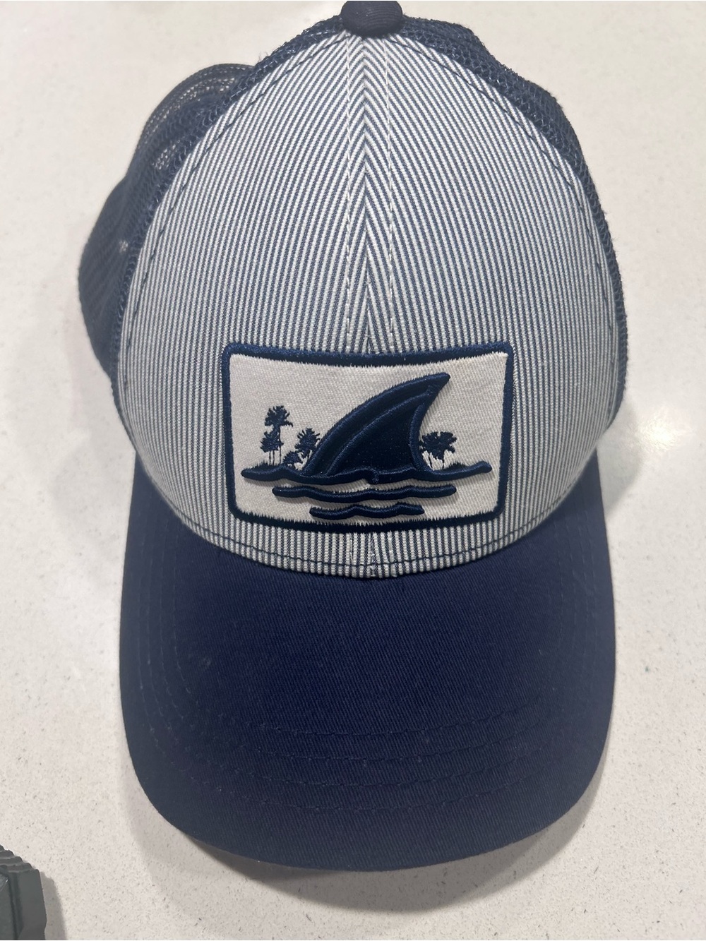 Landshark Lager Trucker Hat Blue White Striped Snapback Shark Fin Patch